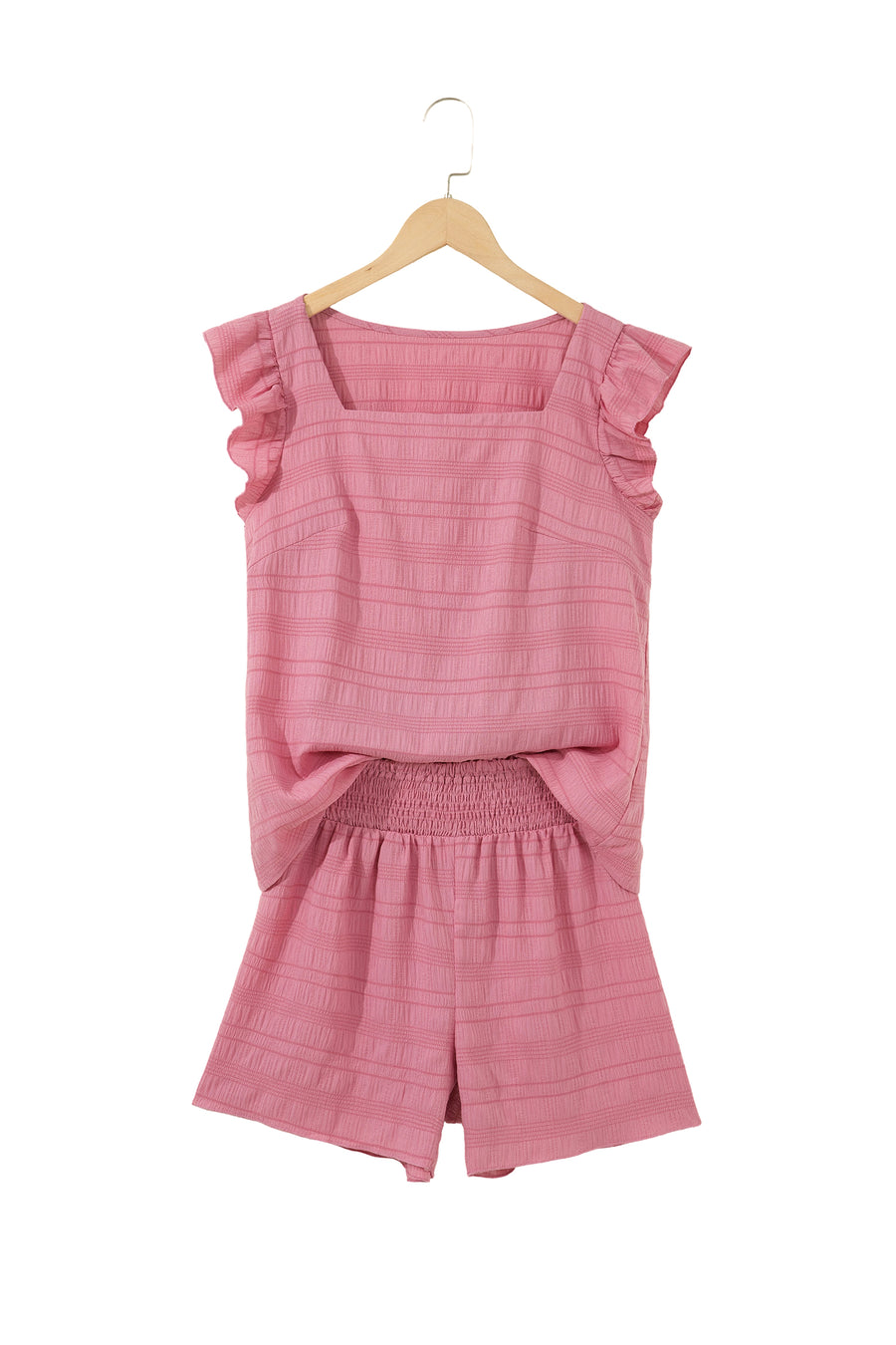 Textured Square Neck Cap Sleeve Top & Shirred High Waist Shorts Set — styled flat lay | Fashionfitz UK