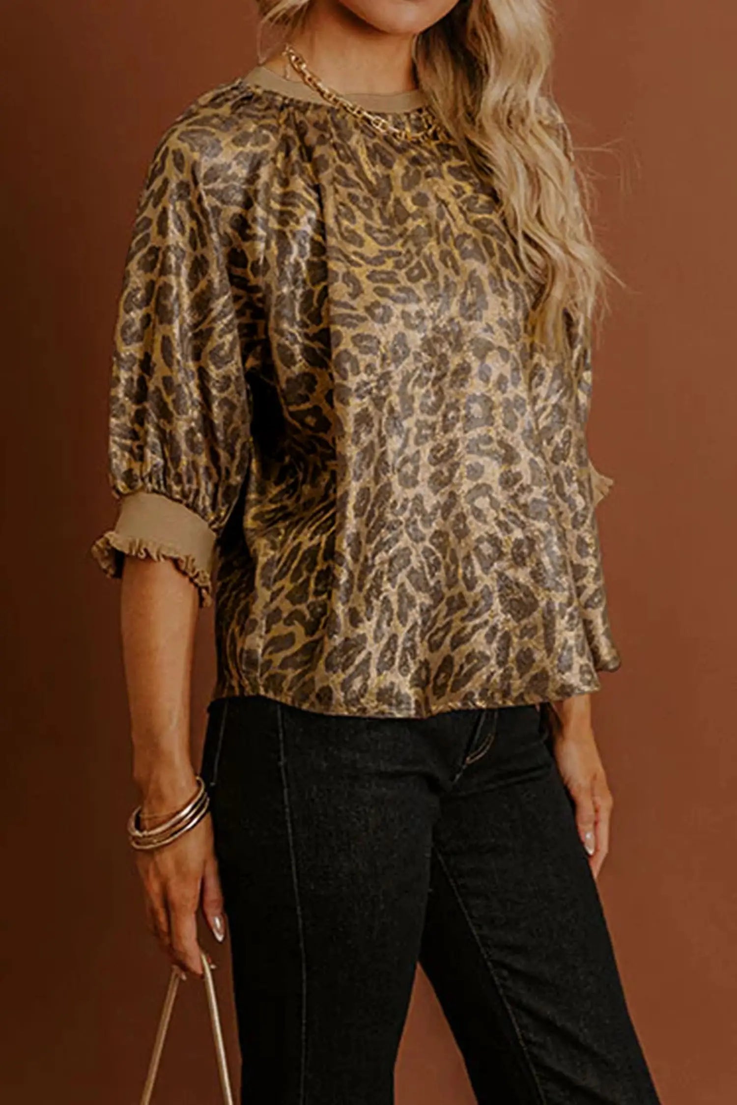 Metallic leopard blouse — back view, round neck and shift fit | Fashionfitz UK