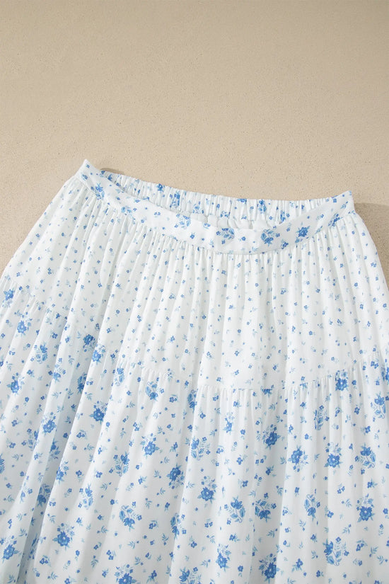Sky blue tiered floral patchwork boho maxi skirt elastic waist ruffle hem skirts