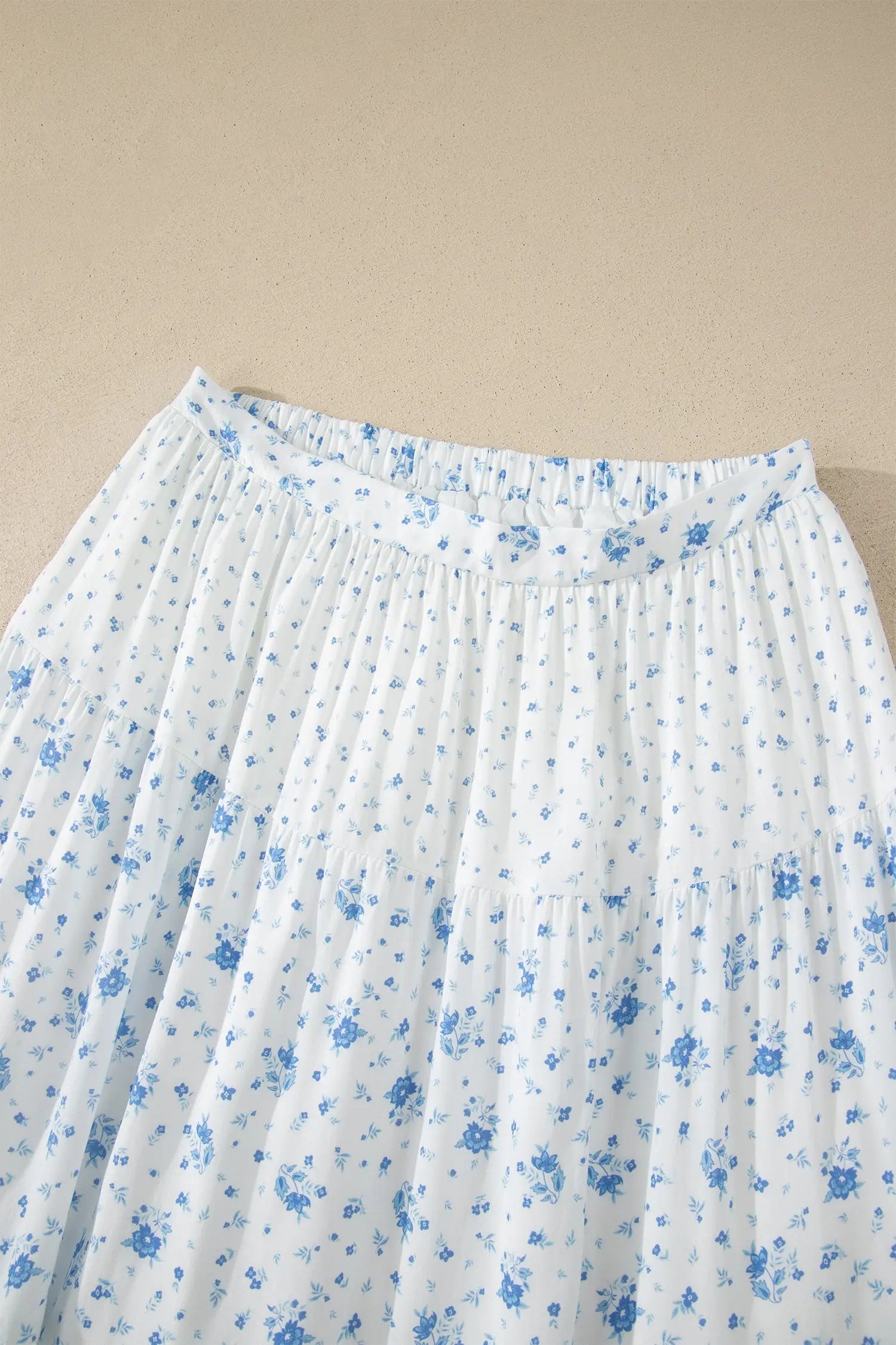 Sky blue tiered floral patchwork boho maxi skirt elastic waist ruffle hem skirts