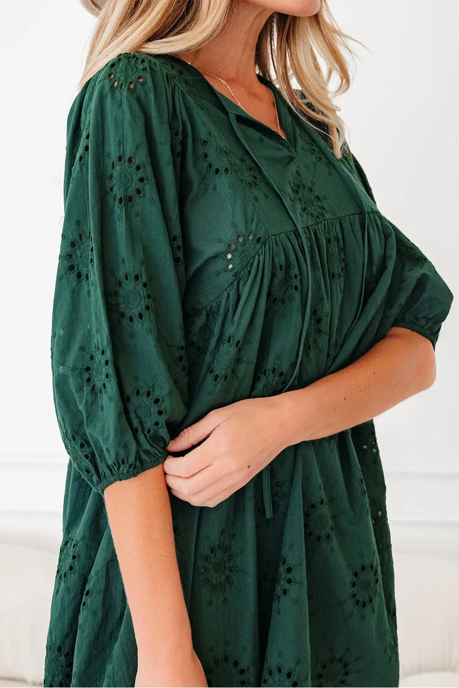 Blackish Green Embroidered Eyelet 3/4 Puff Sleeve Swing Mini Dress Women UK