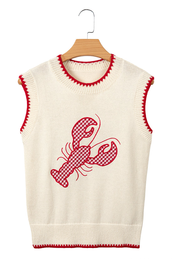 Plaid Crawfish Embroidery Crew Neck Knit Sweater Vest