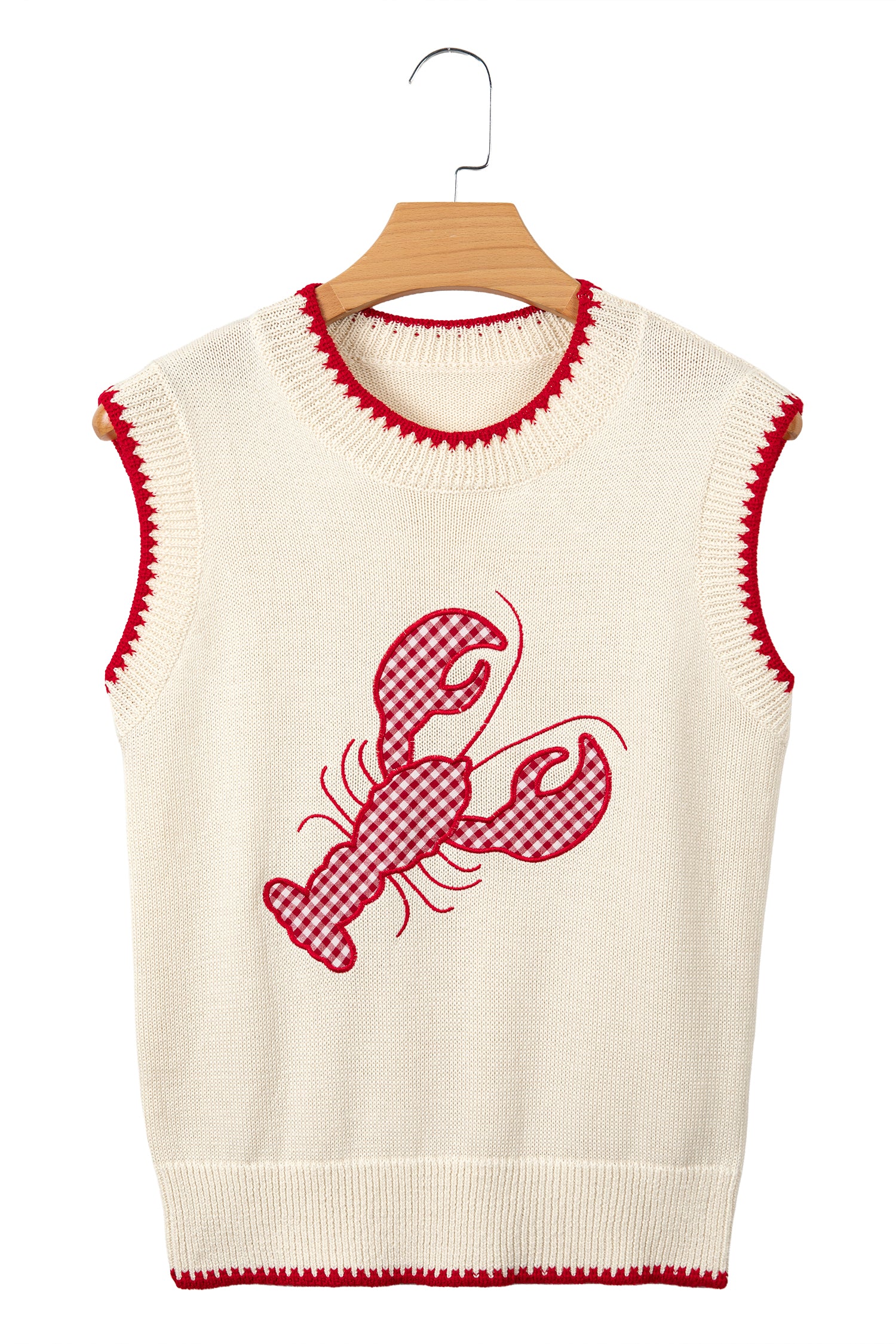 Plaid Crawfish Embroidery Crew Neck Knit Sweater Vest