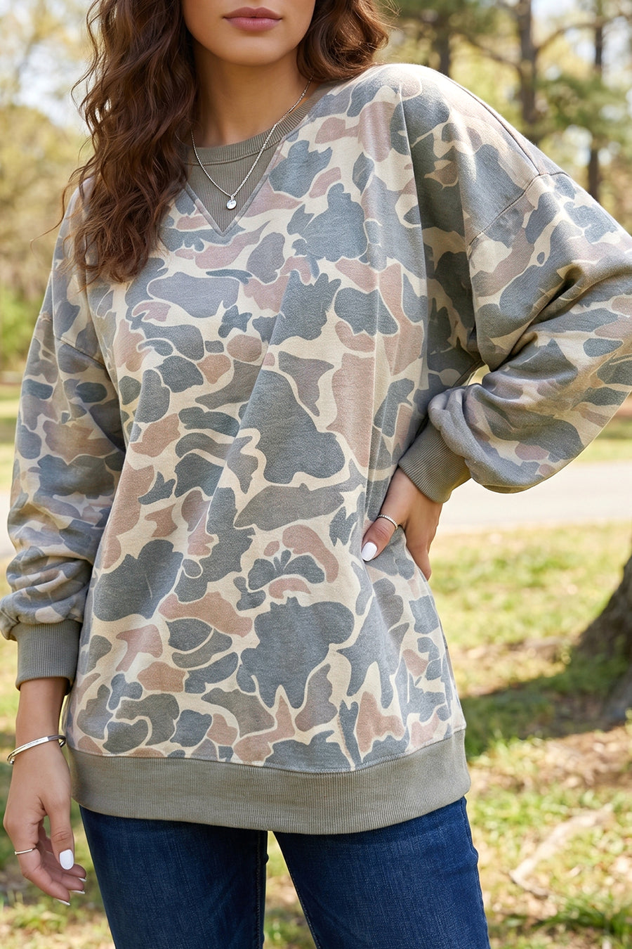 Camo Print Ribbed Trim Pullover Sweatshirt Women UK