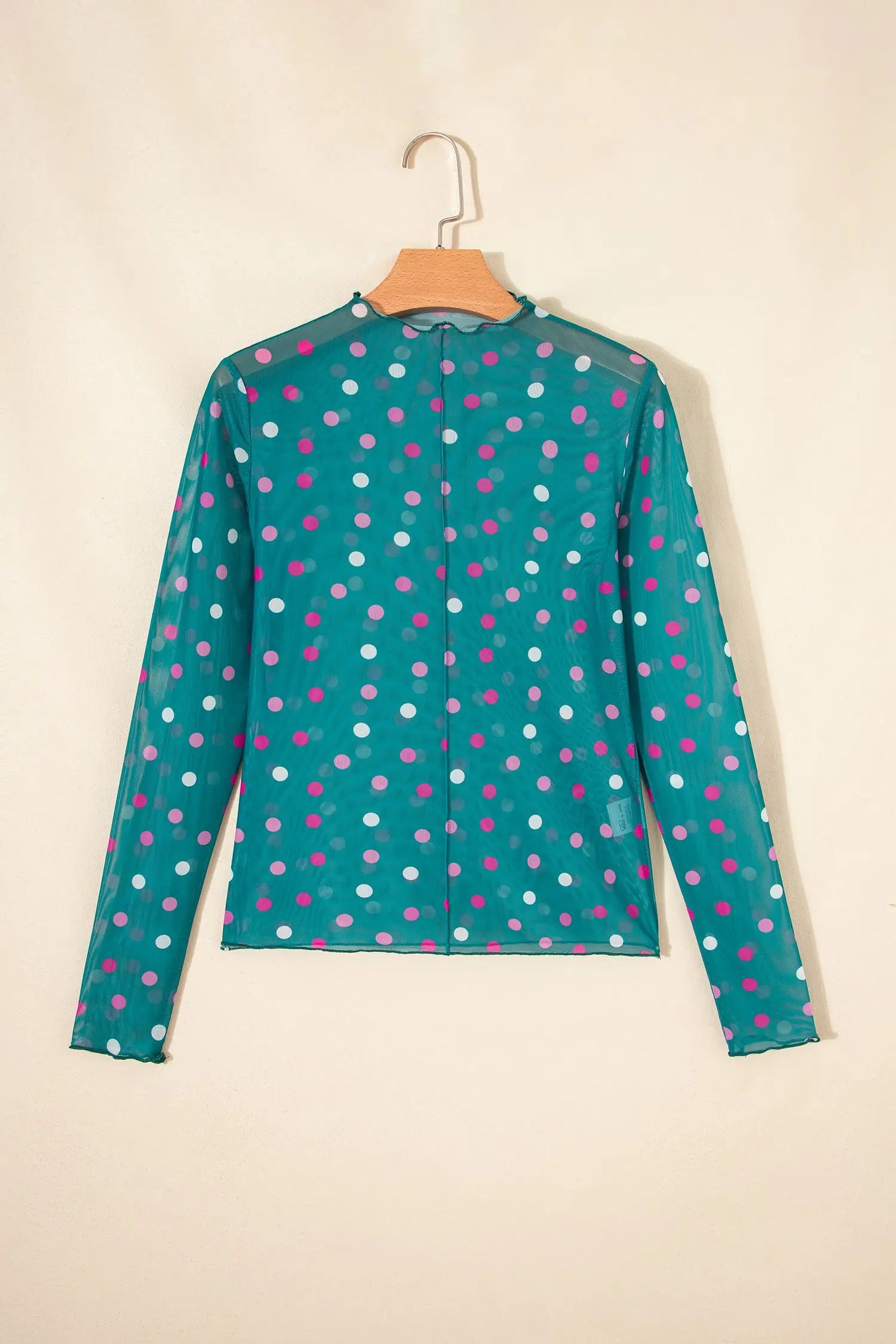 Polka dot mesh bodycon top mock neck long sleeve sheath fit