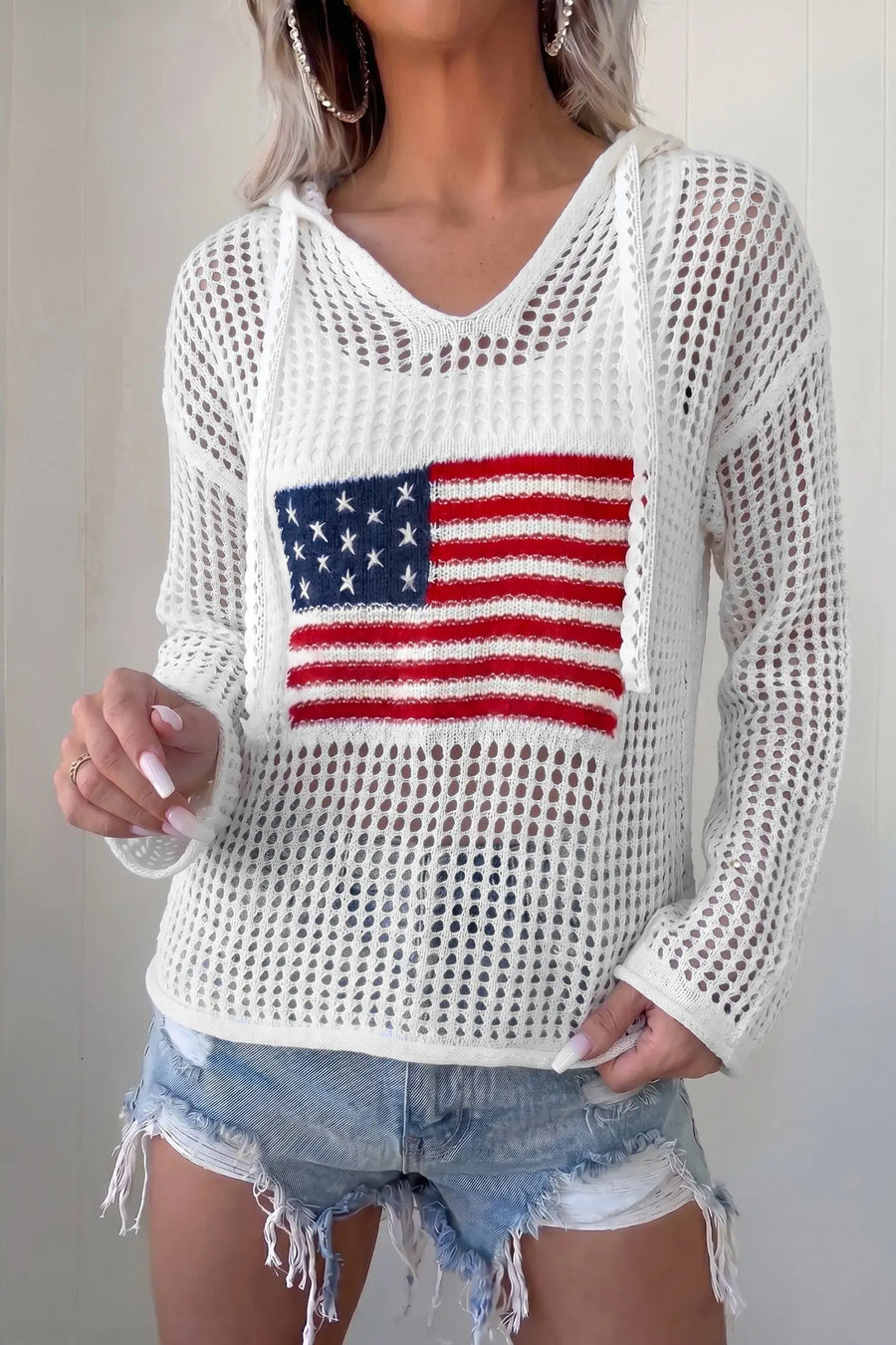 Hollow out crochet American flag hoodie side view | Fashionfitz UK