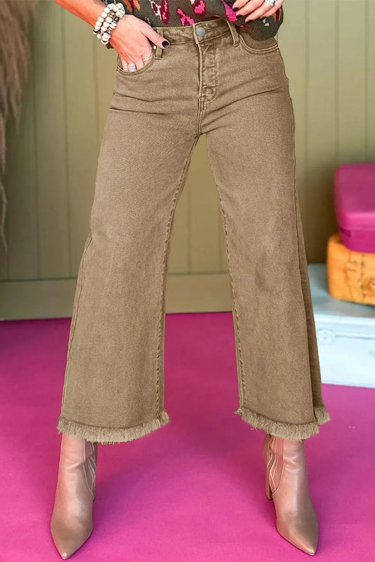 Light French Beige Acid Washed High Rise Cropped Wide Leg Jeans - Fashionfitz