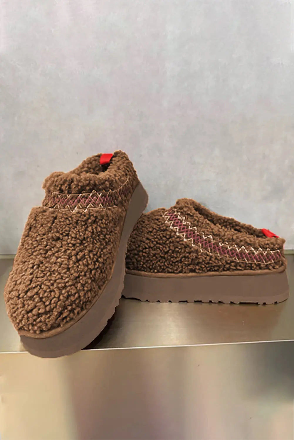 Embroidered sherpa plush winter slippers