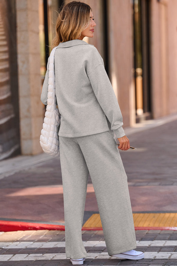 Side view grey knit V-neck top and wide leg trousers two-piece matching set — Fashionfitz UK