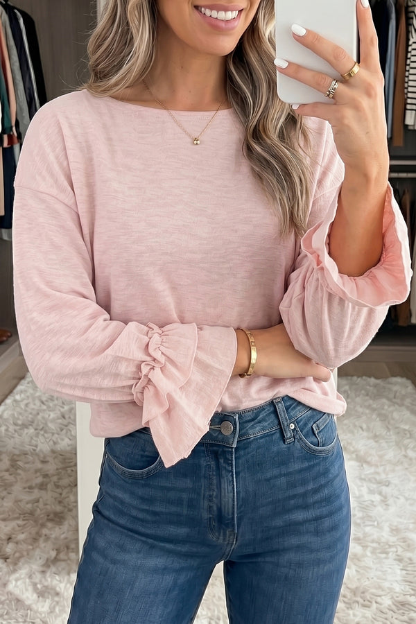 Pink Ruffle Sleeve Long Sleeve Loose Pullover Top Women UK