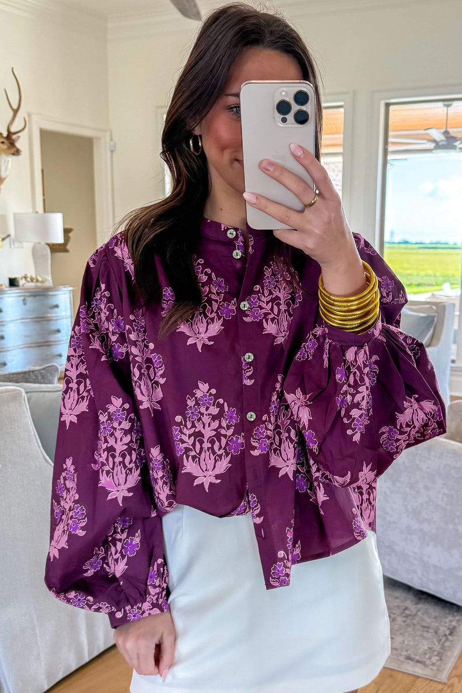 Floral Button-Up Puff Sleeve Shirt Women UK — close-up showing purple floral print and button front detail — Fashionfitz