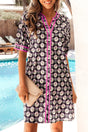 Blue Striped Trim Short Sleeve Vintage Floral Shift Dress Women UK — front view