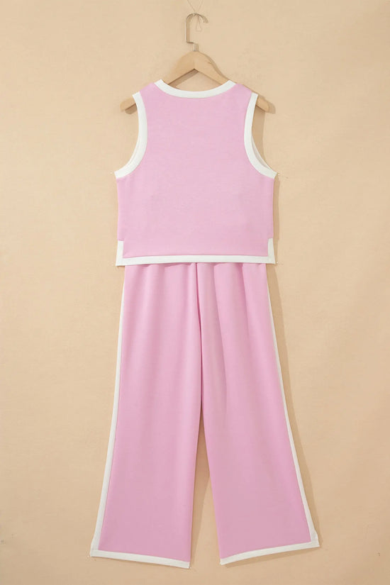 Colorblock Trim Cropped Tank High Waist Wide-Leg Pants Two-Piece Set