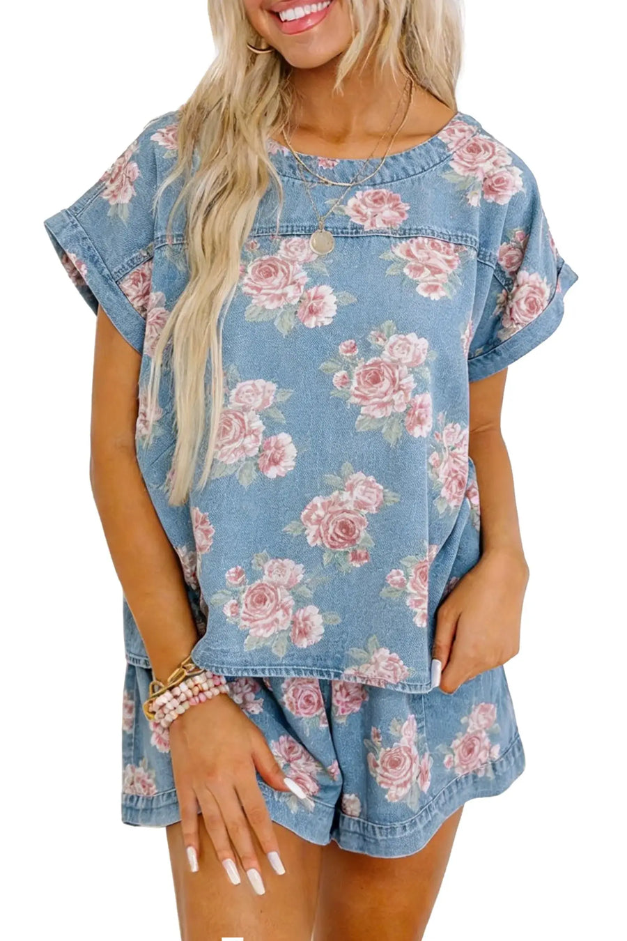 Floral Denim Short Sleeve Top and Shorts Set Women UK — styled outfit look | Fashionfitz UK