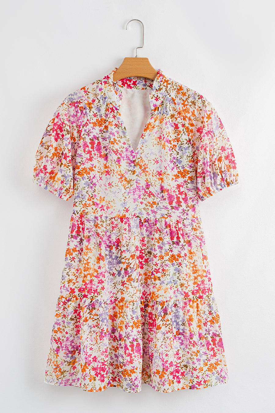 Red Floral Puff Sleeve Notched V Neck Tiered Mini Dress Women UK