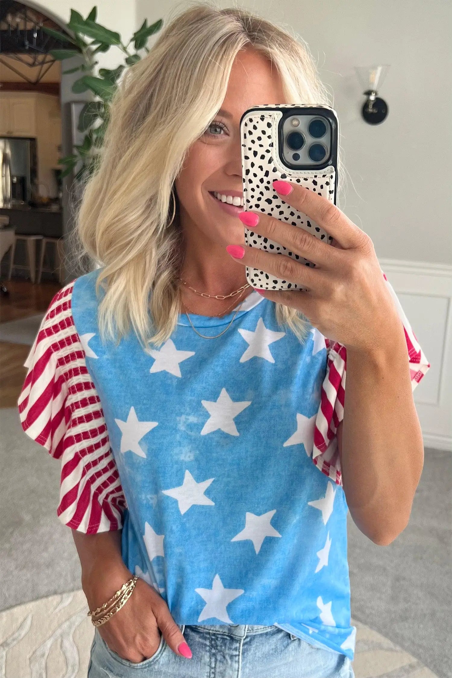 Sky blue vintage star print striped ruffle sleeve top blouses
