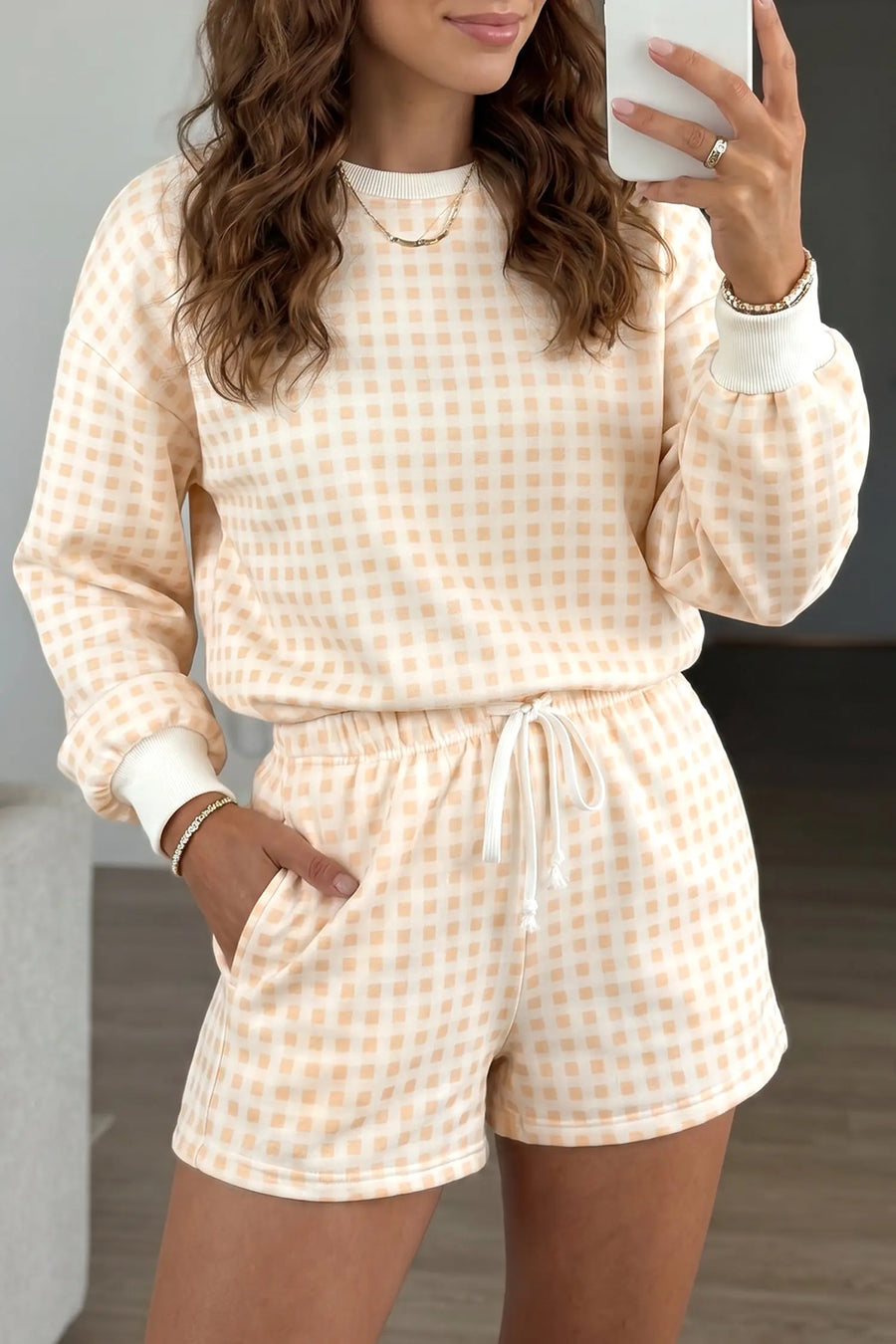 Yellow Plaid Baggy Pullover Drawstring Casual Shorts 2pcs Outfit — back view | Fashionfitz UK
