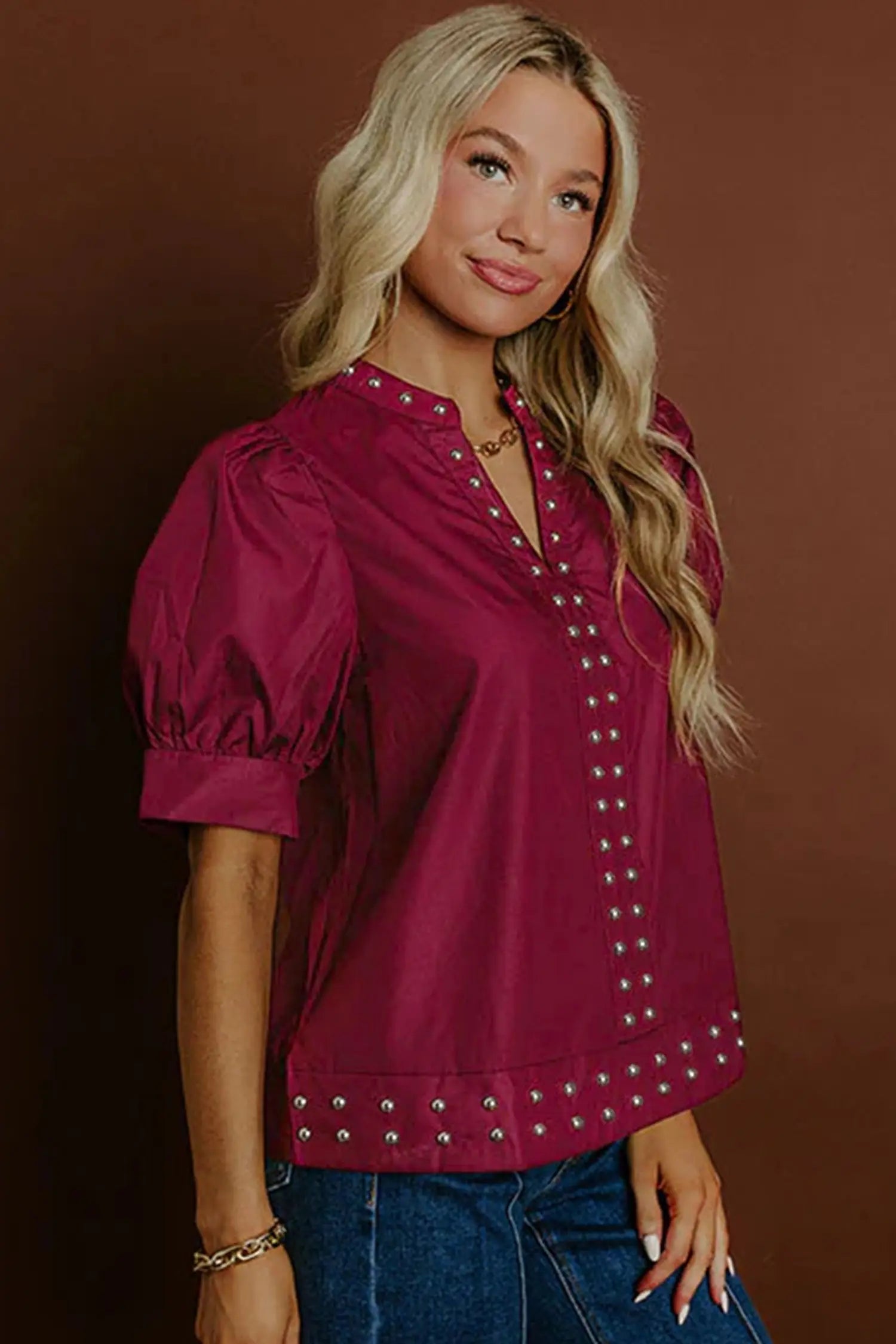 Burgundy puff sleeve blouse — side view, relaxed shift silhouette | Fashionfitz