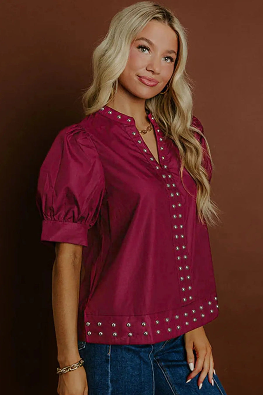 Burgundy puff sleeve blouse — side view, relaxed shift silhouette | Fashionfitz