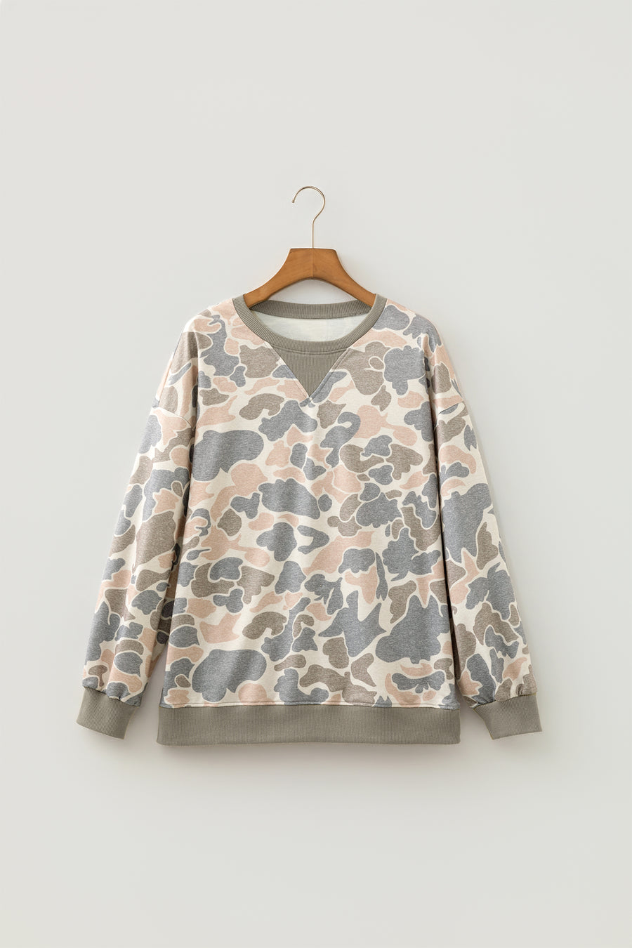 Camo Print Ribbed Trim Pullover Sweatshirt Women UK