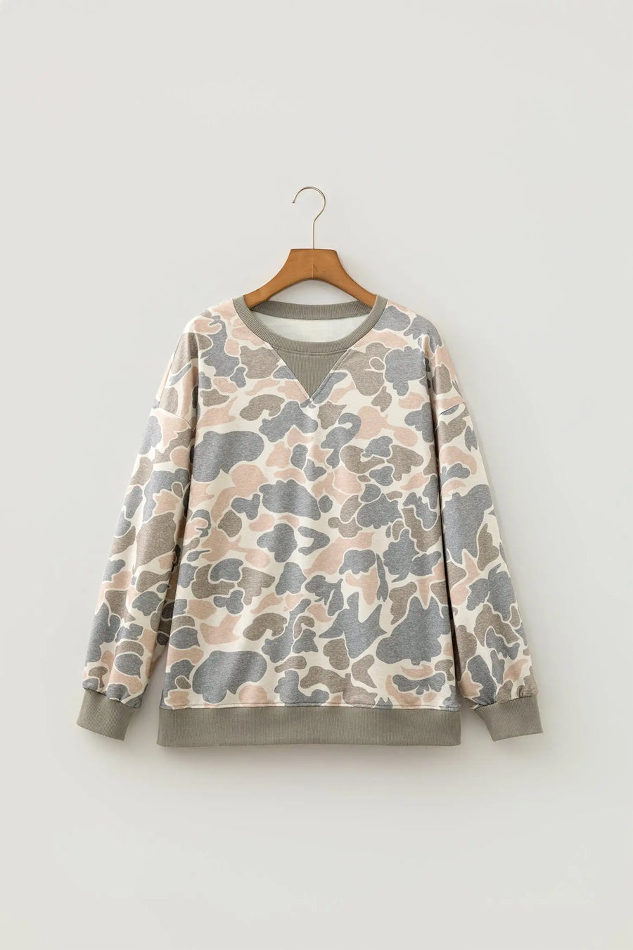 Camo Print Ribbed Trim Pullover Sweatshirt Women UK