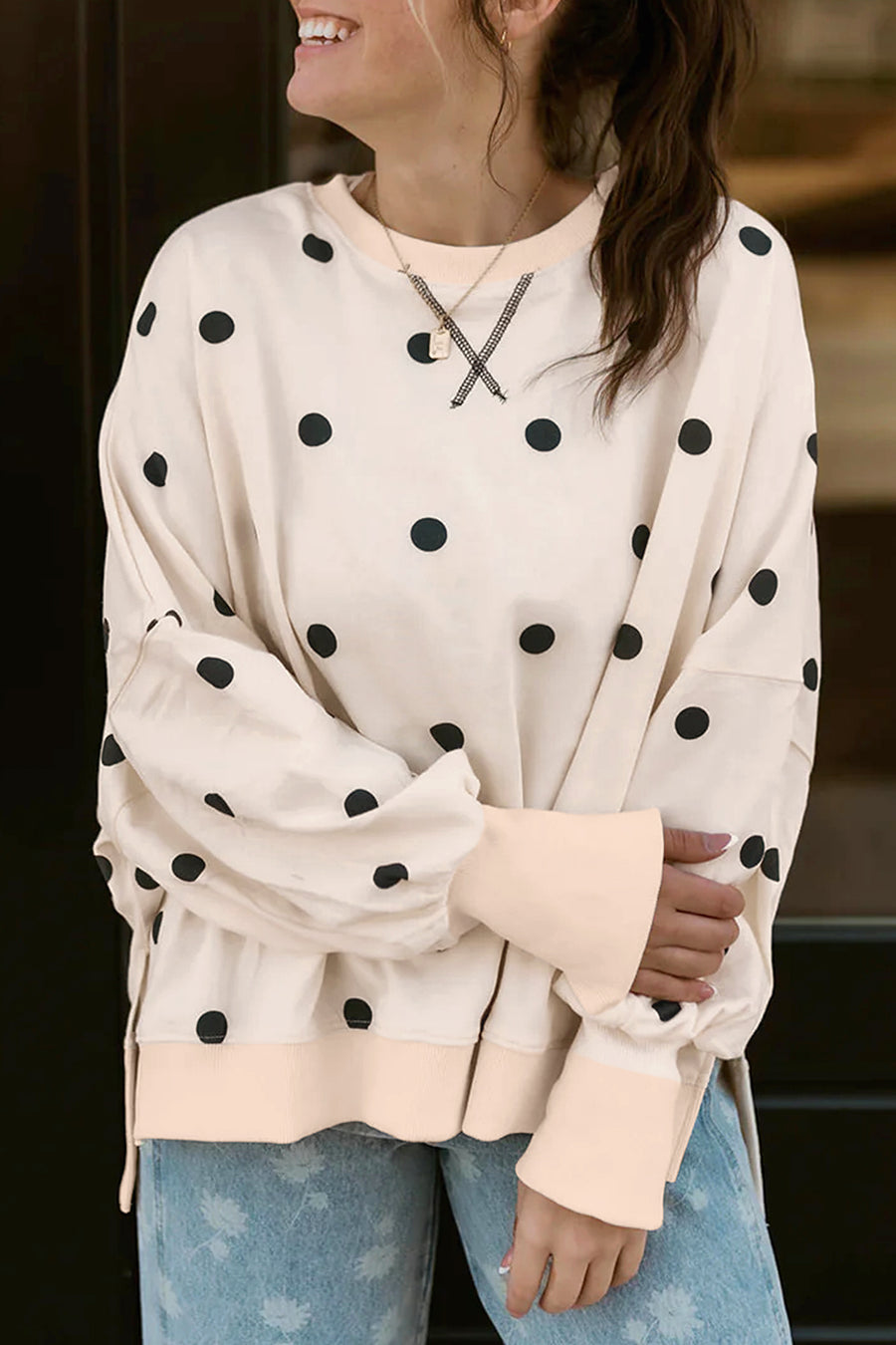 Polka Dot Long Sleeve Round Neck Tunic Sweatshirt