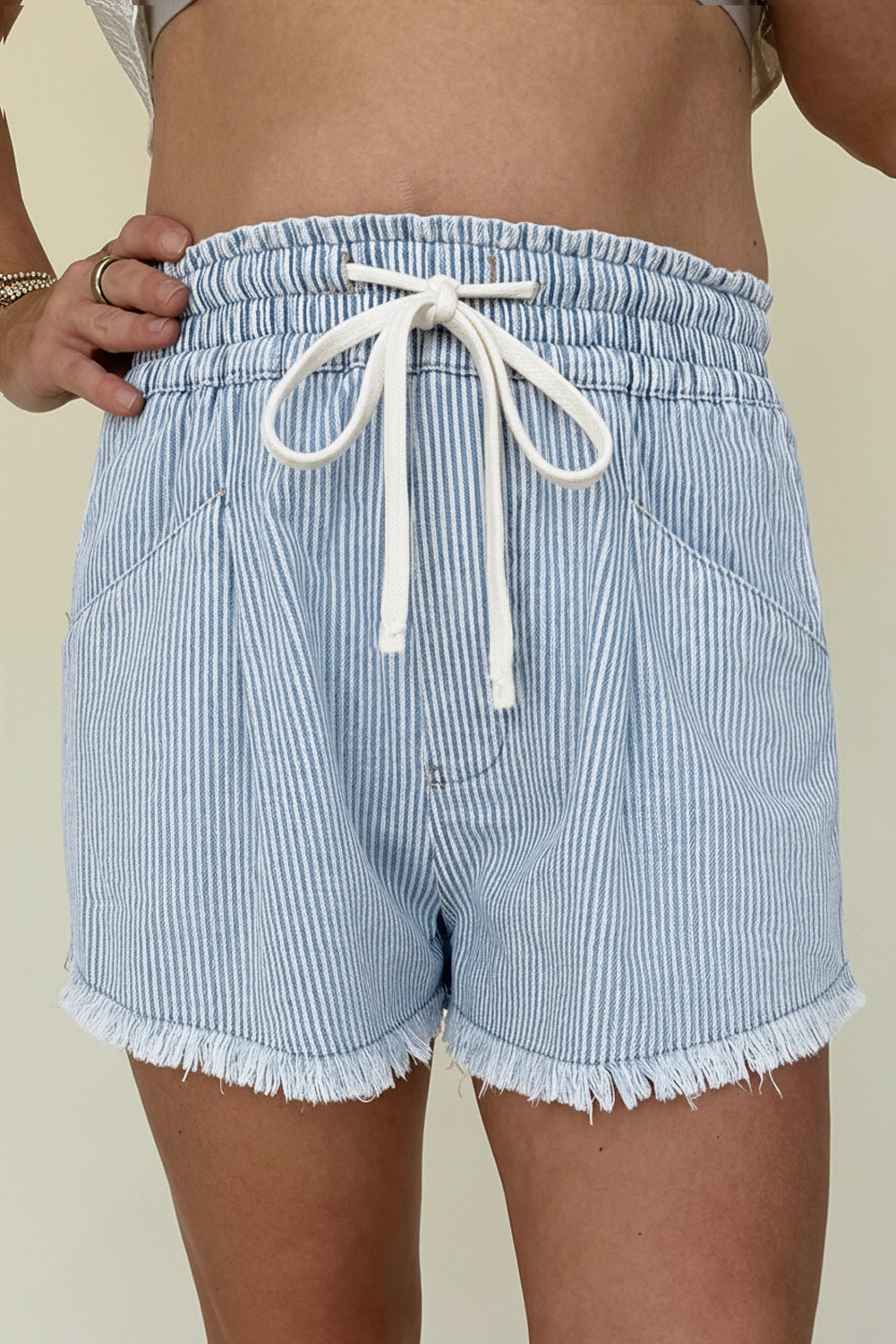 Stripe Raw Edge Drawstring Denim Shorts Women UK
