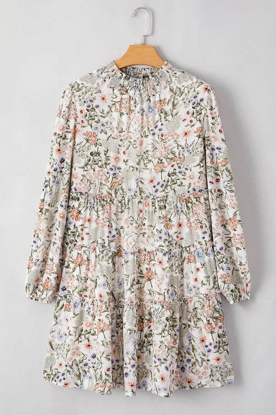 Green Floral Tiered Shirred Mock Neck Mini Dress Women UK