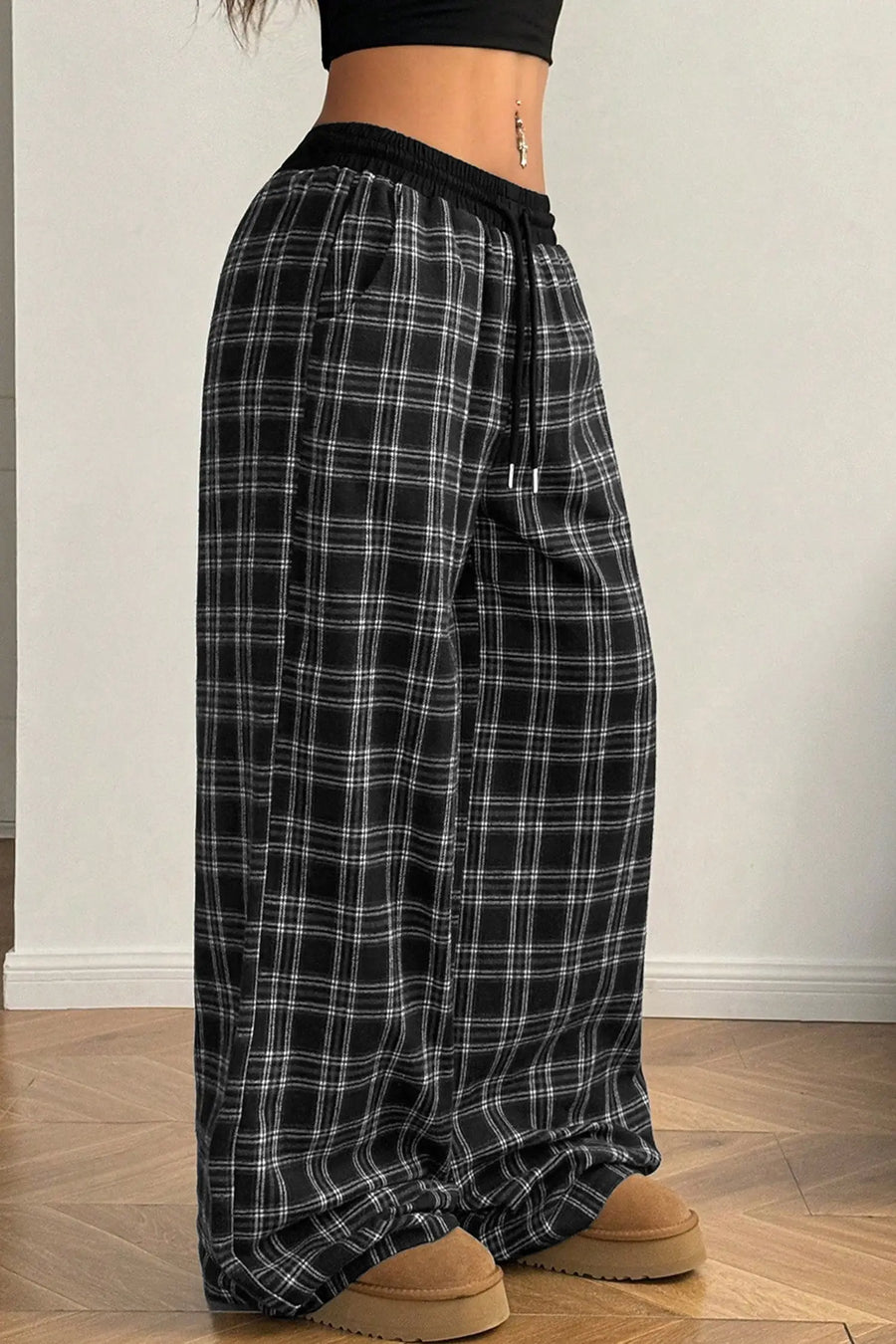 Plaid Contrast Drawstring Waist Wide Leg Trousers — angled view | Fashionfitz UK