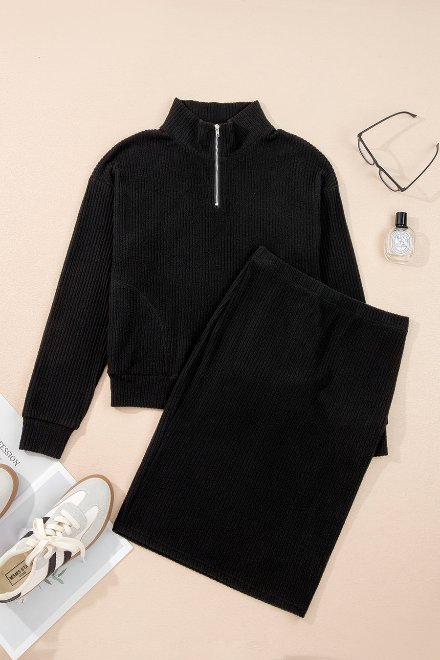 Ribbed Zip Stand Neck Drop Shoulder Pullover Bodycon Skirt Set UK