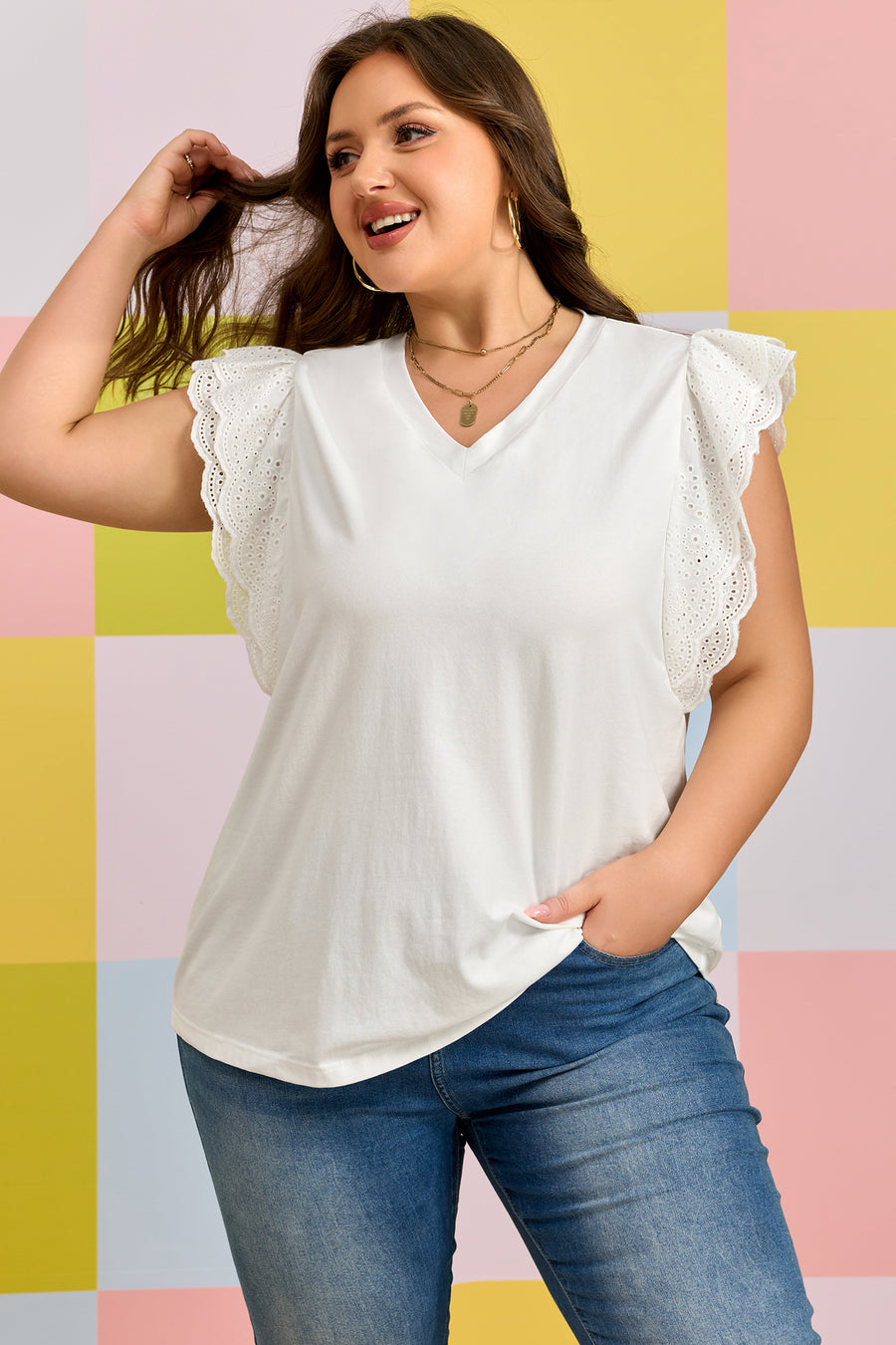 Eyelet Crochet Splicing Short Sleeve Plus Size Tee Women UK