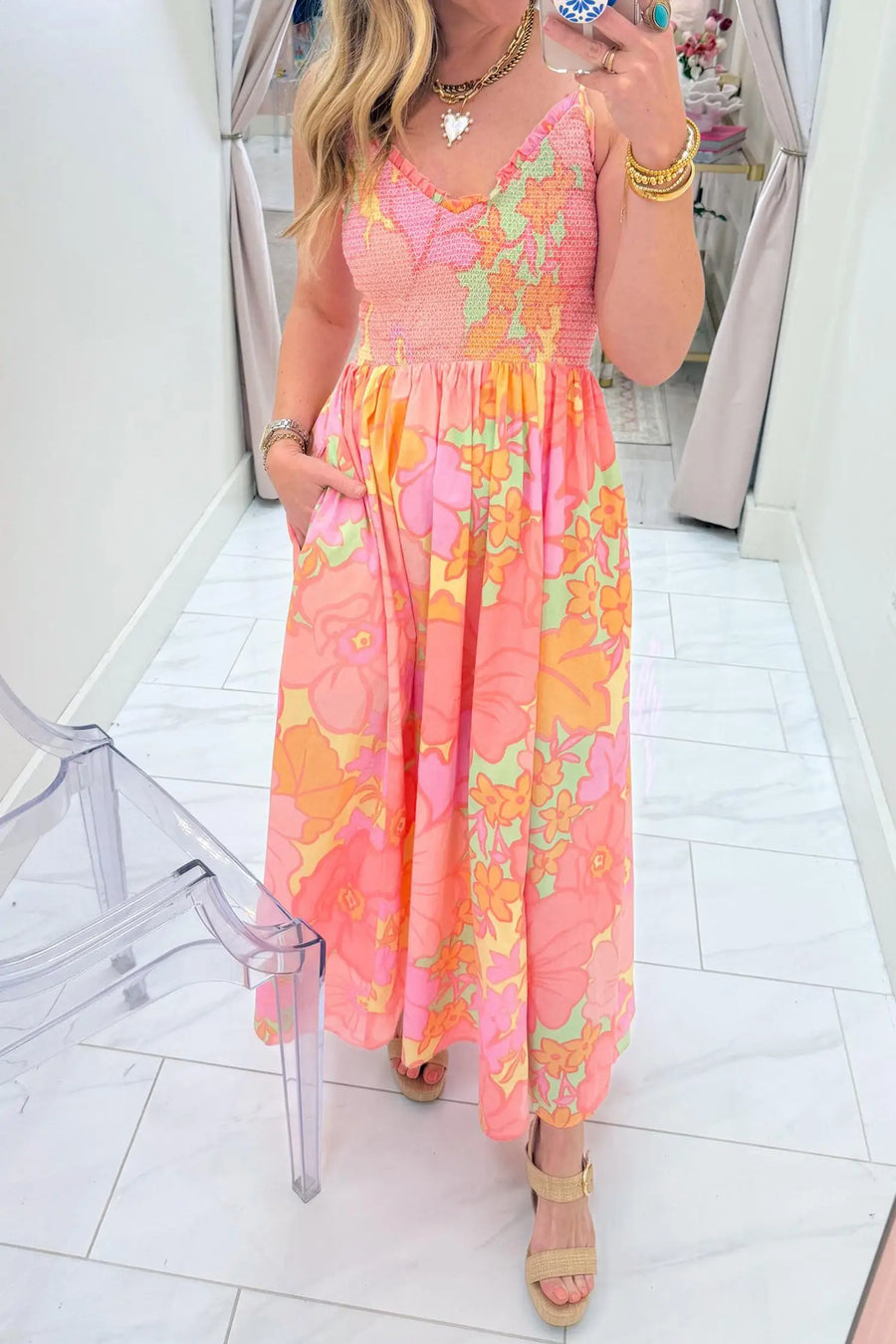 Pink Spaghetti Straps Floral Shirred High Waist Dress — full length view on model | Fashionfitz UK