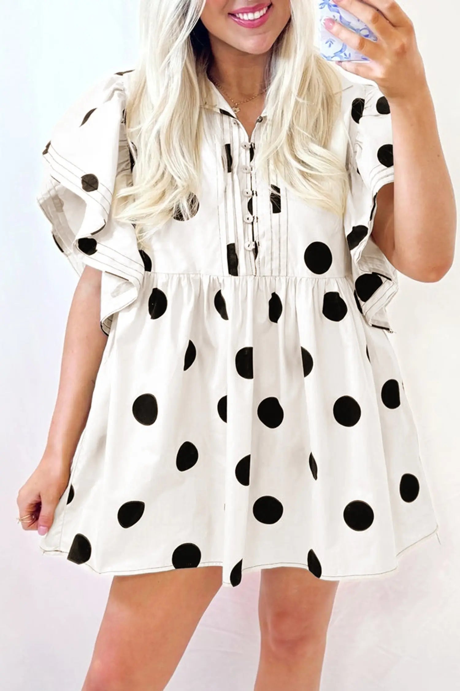 White polka dot print half button ruffled short sleeve loose mini dress