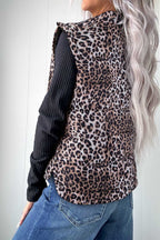 Back view of Leopard Print Quilted Puffer Gilet showing padded texture and curved hem. Stylish outerwear for autumn outfits.