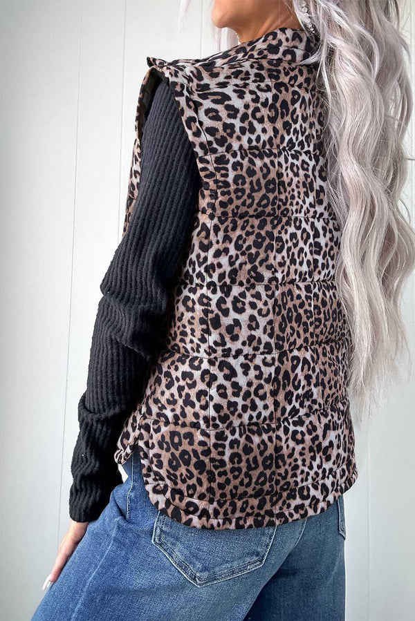 Back view of Leopard Print Quilted Puffer Gilet showing padded texture and curved hem. Stylish outerwear for autumn outfits.