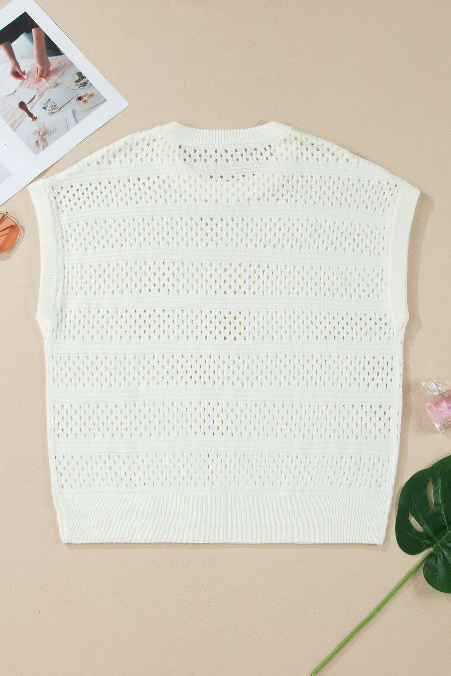 Plus Size Eyelet Hollow Out Knit Short Sleeve Sweater Ribbed Trim White — back view | Fashionfitz UK