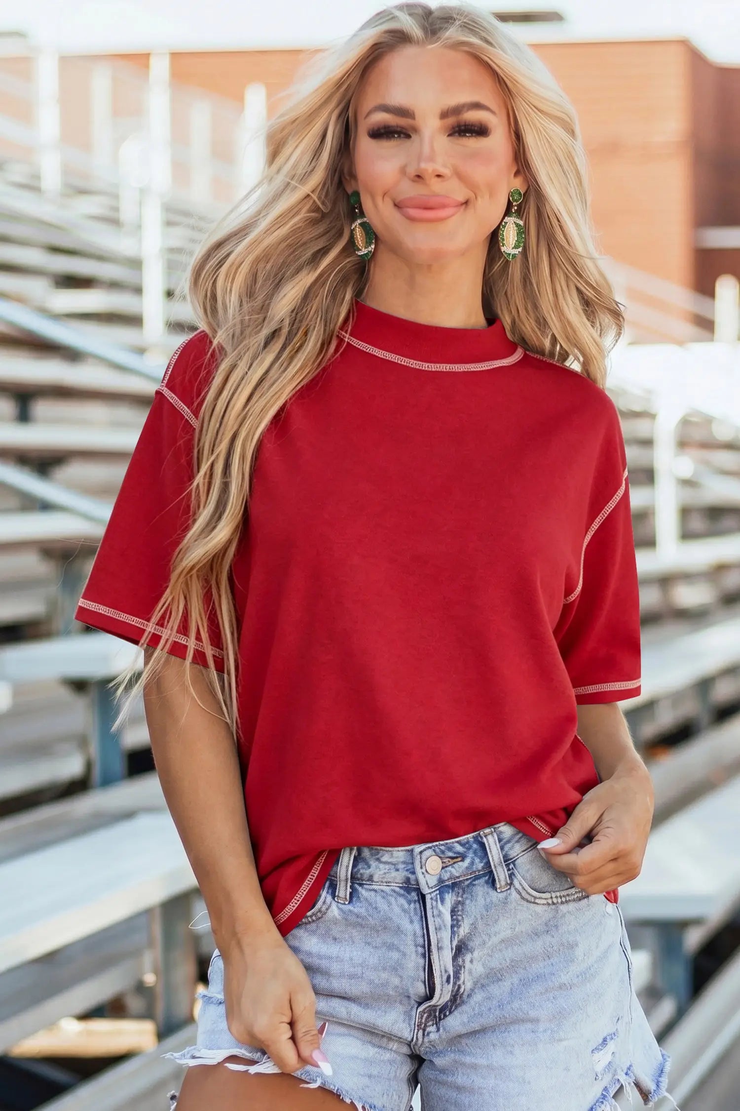 Reversible Contrast Stitch Drop Shoulder High Neck Short Sleeve Tee
