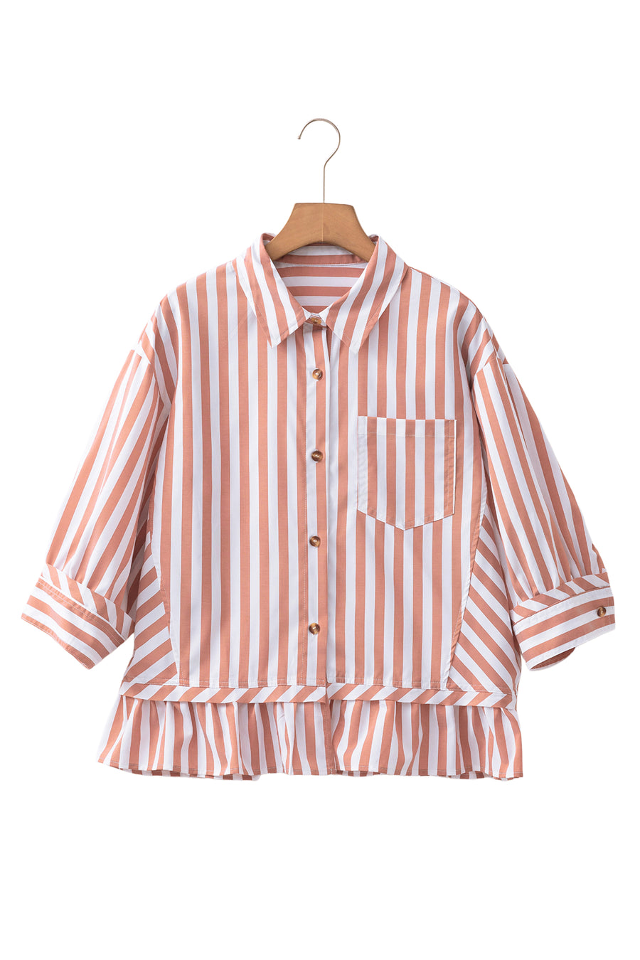 Stripe Button Front Ruffle Hem Bracelet Sleeve Shirt Women UK