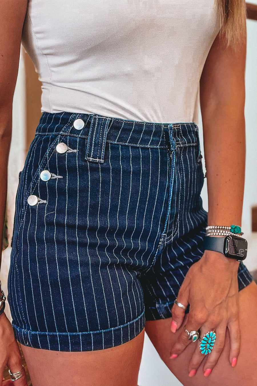 Striped metal button denim shorts side view — Fashionfitz UK