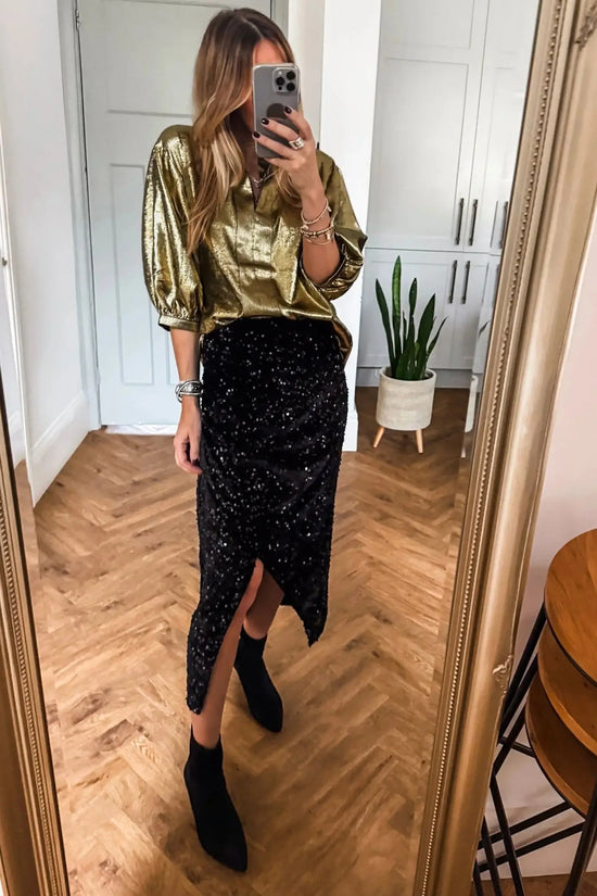Gold metallic split neck half sleeve blouse women uk