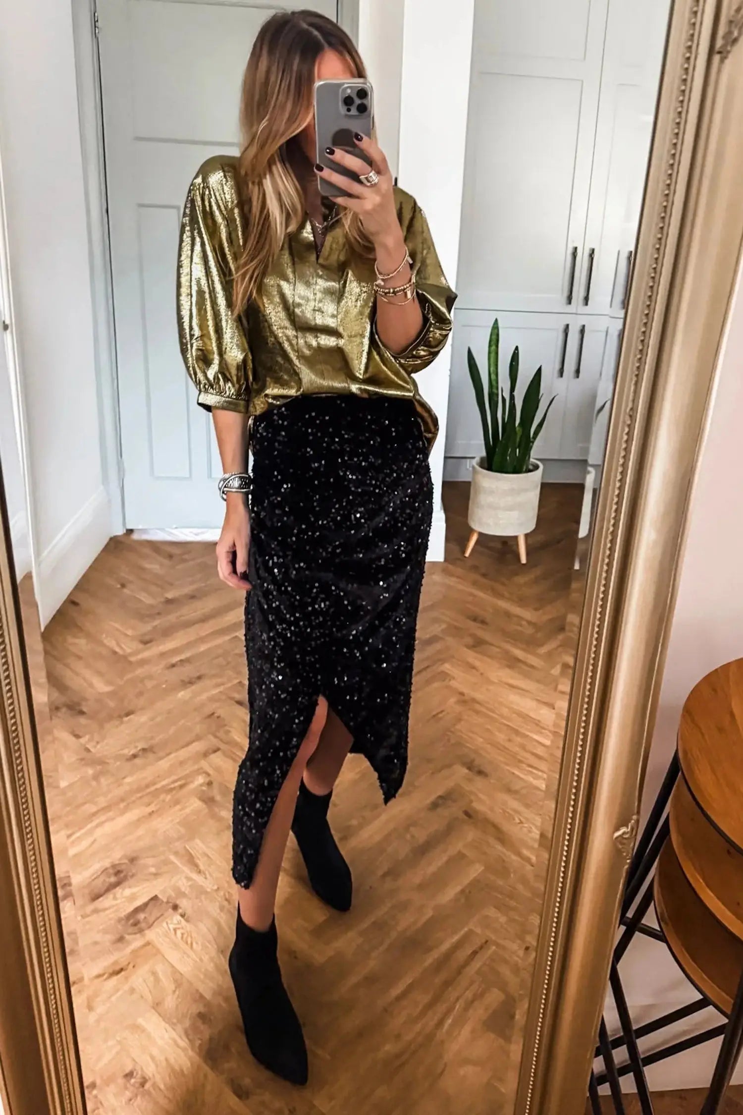 Gold metallic split neck half sleeve blouse women uk
