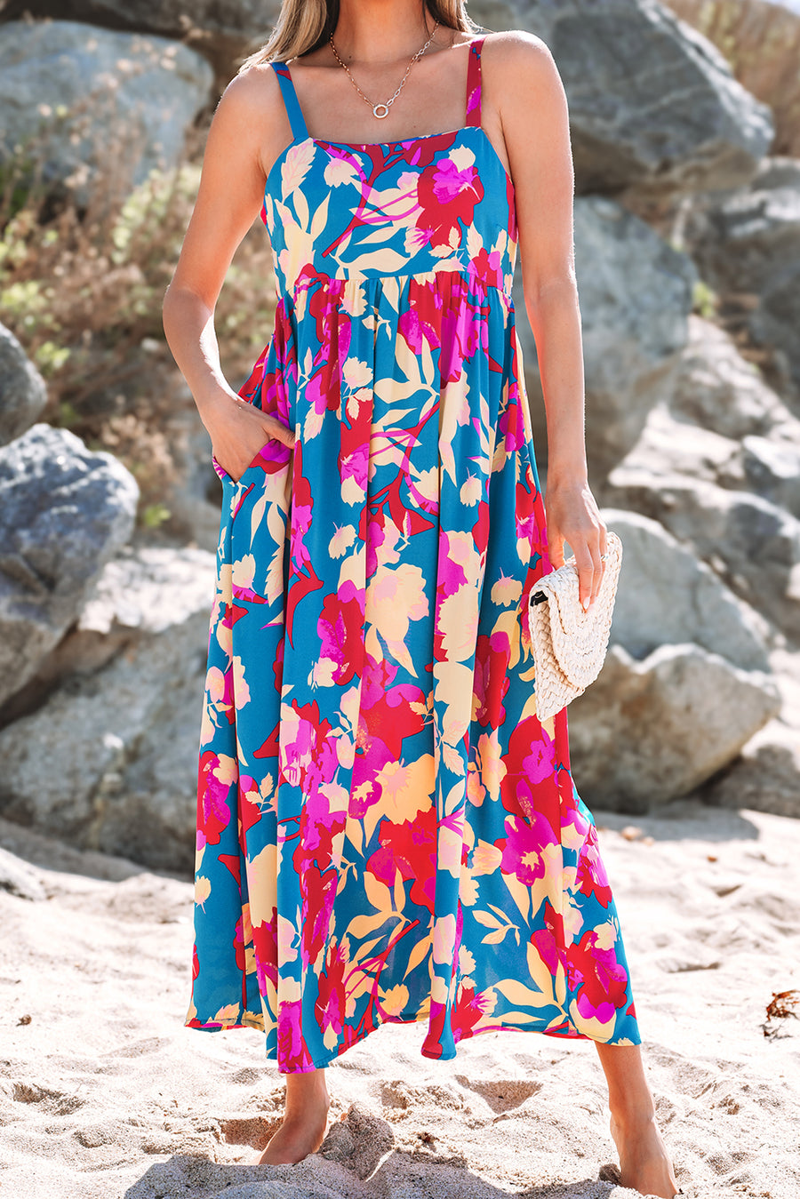 Dark Blue Floral High Waist Sleeveless Flared Maxi Dress Women UK