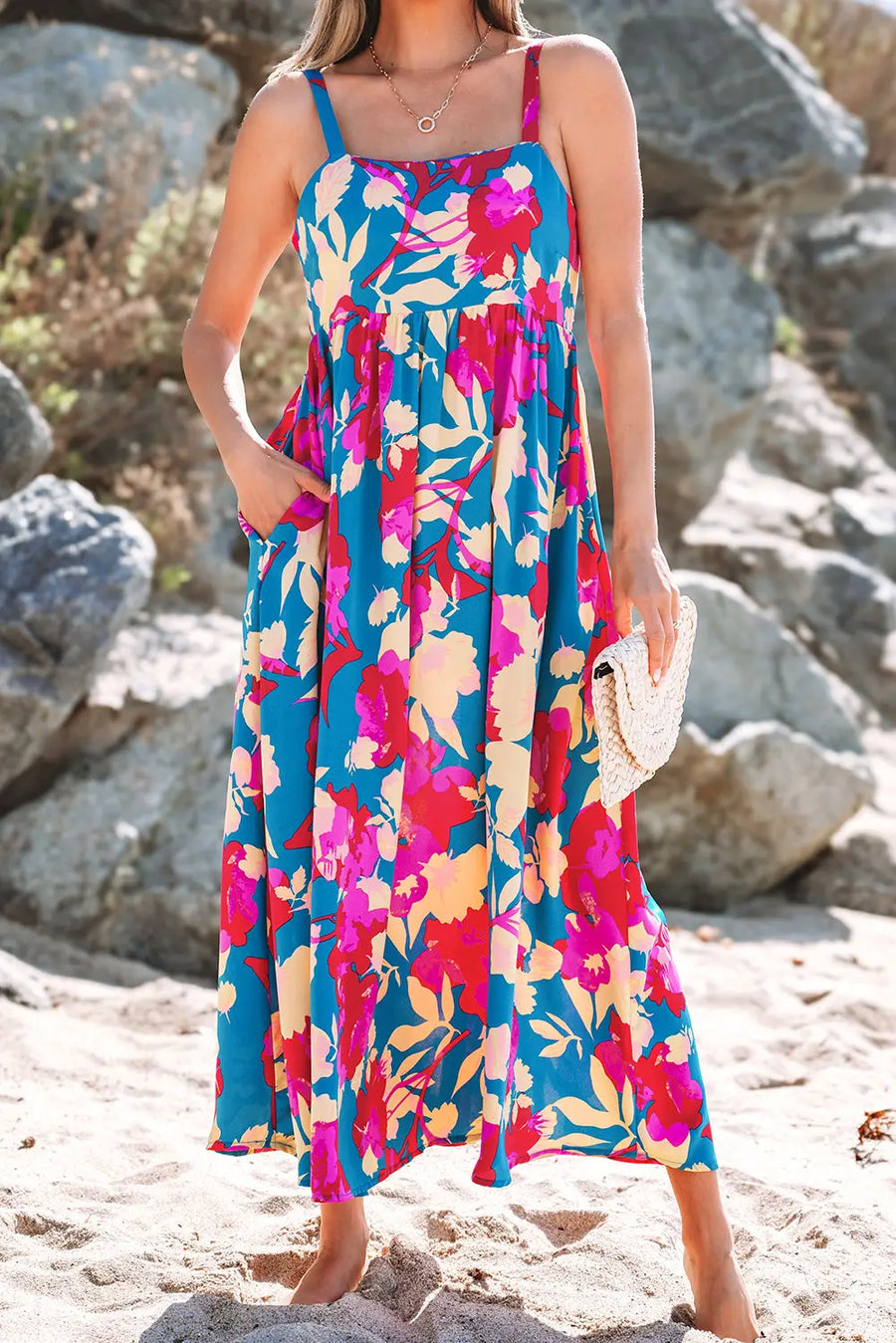 Dark Blue Floral High Waist Sleeveless Flared Maxi Dress Women UK — model shot