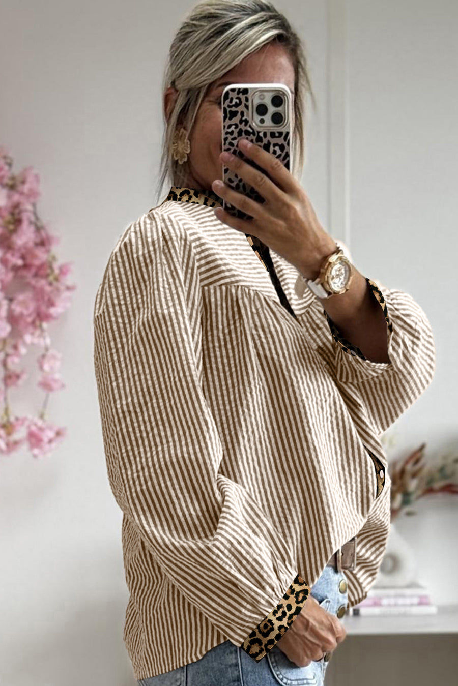 Leopard Pinstripe Contrast Patchwork Shirt Women UK — full length view on model | Fashionfitz UK