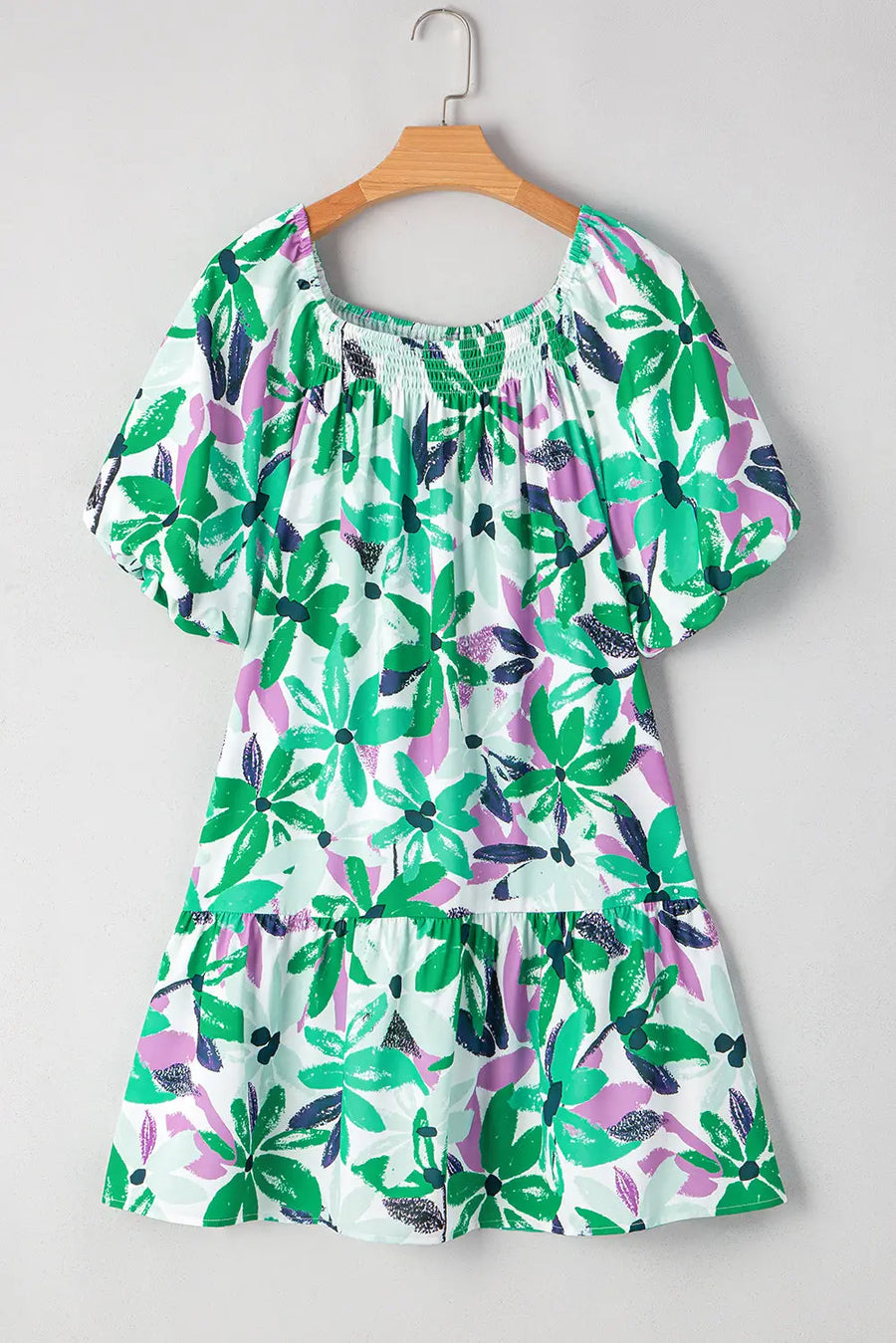Green Floral Shirred Square Neck Loose Fit Mini Dress Women UK