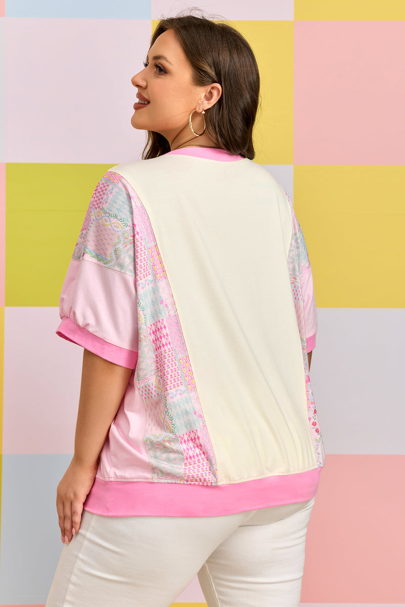 Back view of floral patchwork embroidered cotton plus size short sleeve T-shirt