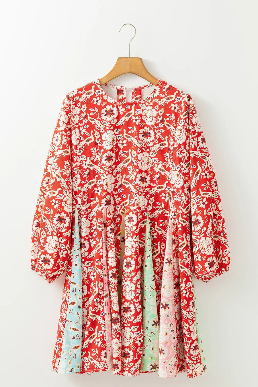 Red Floral Patchwork Long Sleeve Pleated Mini Dress Women UK