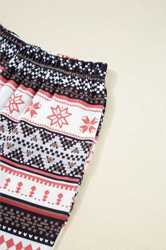 Black christmas retro print lounge set v-neck top high waist pants loungewear