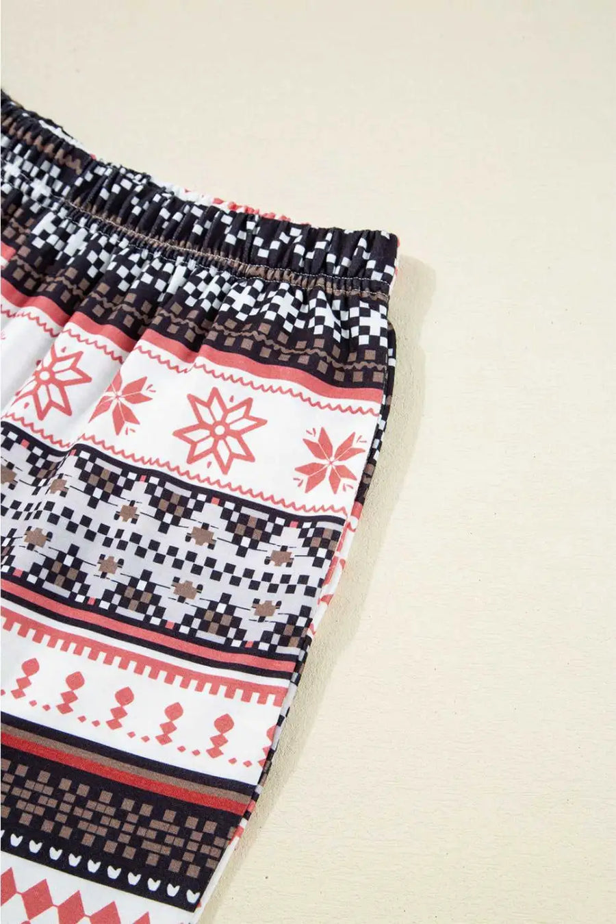 Black christmas retro print lounge set v-neck top high waist pants loungewear