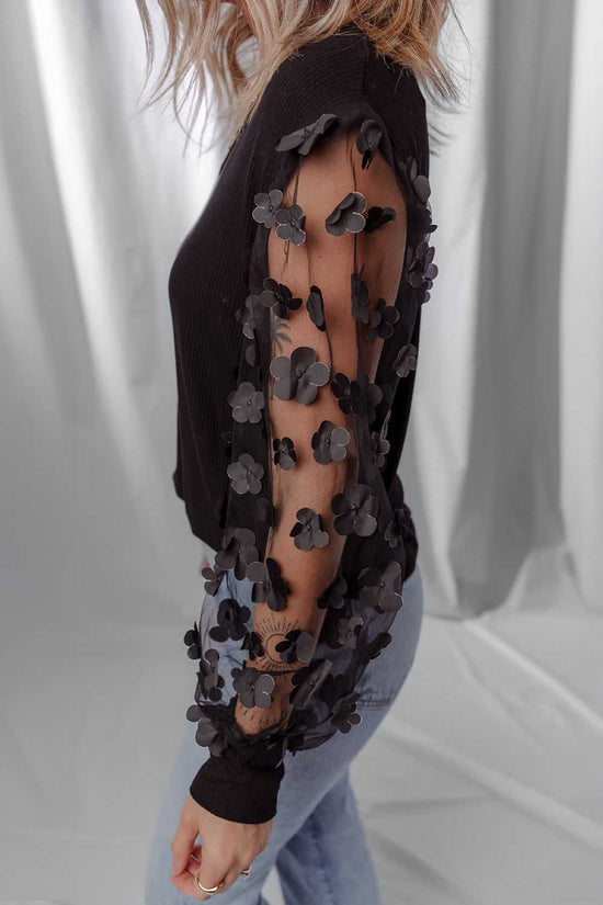 Flower Applique Mesh Blouse